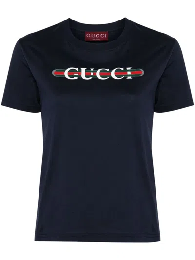 Shop Gucci Logo Cotton T-shirt In Blue