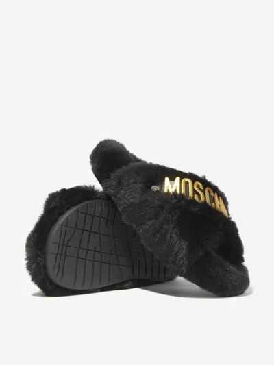 Moschino Girls Faux Fur Logo Slippers Eu 40 Uk 7 Black By Childsplay Clothing In Black