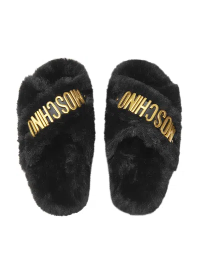 Moschino Girls Faux Fur Logo Slippers Eu 40 Uk 7 Black By Childsplay Clothing In Black