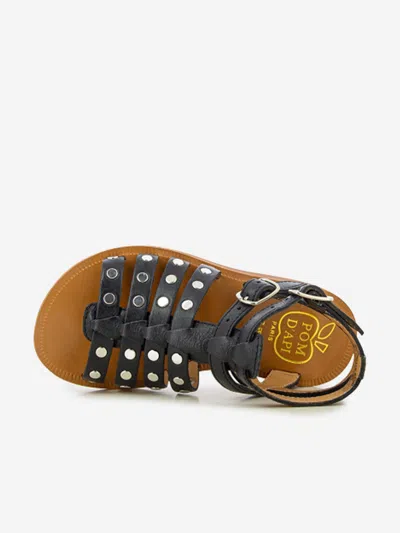 Pom D'api Girls Leather Plagette Stud Sandals In Black