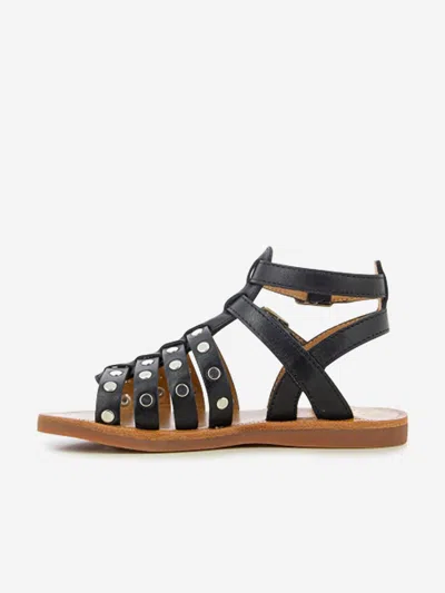 Pom D'api Girls Leather Plagette Stud Sandals In Black