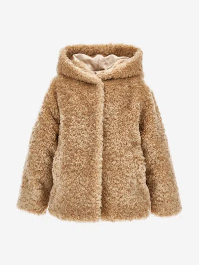 Monnalisa Plush Jacket With Hood In Beige