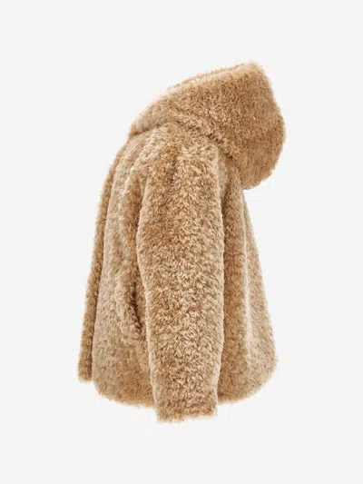 Monnalisa Plush Jacket With Hood In Beige