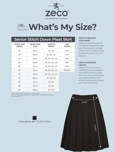 Zeco Schoolwear Girls School Junior Stitch Down Pleat Skirt In Black