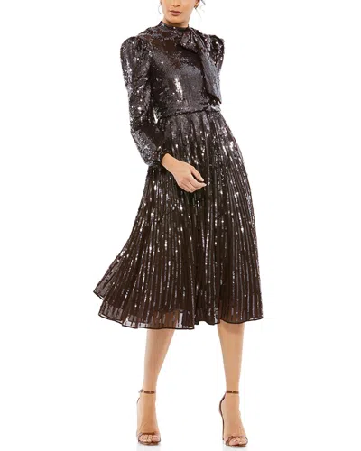 Mac Duggal High Neck Long Sleeve Sequin Tea Length Gown In Black