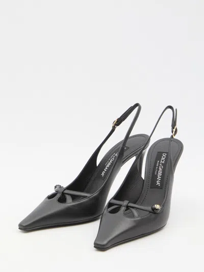 Dolce & Gabbana Leather Slingback With Metal Monogram In Black