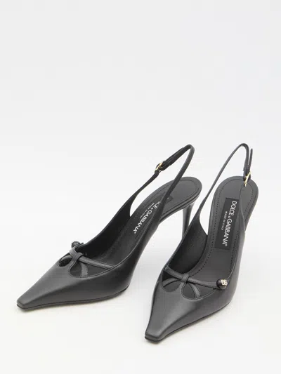 Dolce & Gabbana Leather Slingback With Metal Monogram In Black