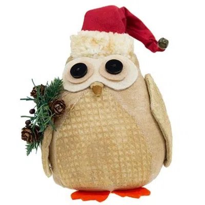 Homegifo Stuffed Owl In Santa Hat W/winter Greenery