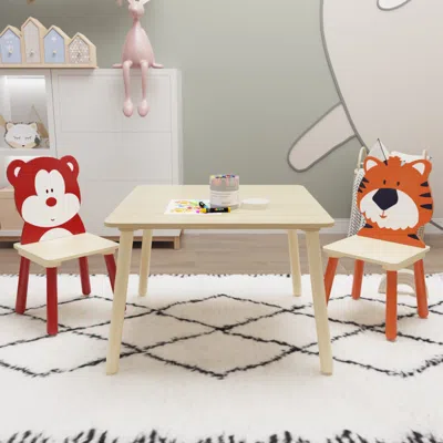 Hivvago Animal Designed Kidâ€s Wooden Table With 2 Chair Set Activity Play Table Set (bear Tiger) - Natural