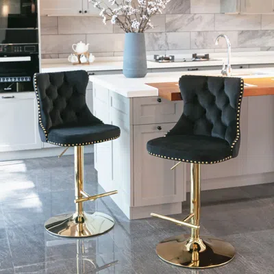 Hivvago Set Of 2 Modern Upholstered Tufted Velvet Armless Bar Stools With Gold Details - Black