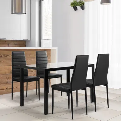 Hivvago Set Of 5 4 Seater Tempered Glass Dining Table And Faux Leather Chair Set - Black