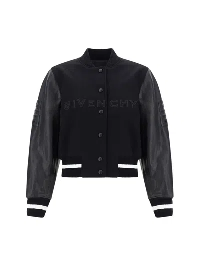 Givenchy Wool Blend Parka With Leather Sleeves And Iconic Branding In Multicolor
