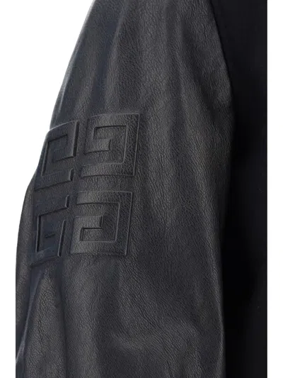 Givenchy Wool Blend Parka With Leather Sleeves And Iconic Branding In Black