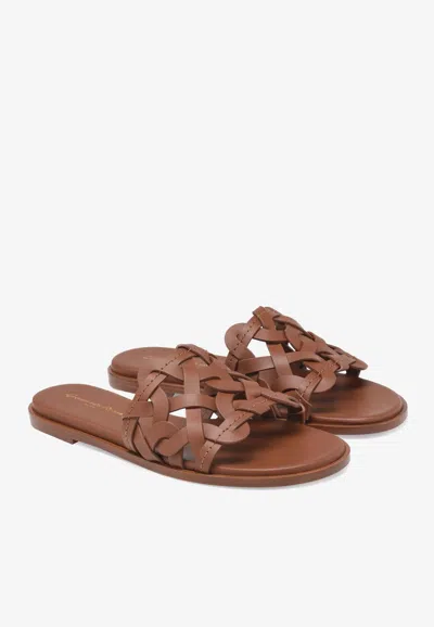 Gianvito Rossi Open Weave Leather Slide Sandals In Brown