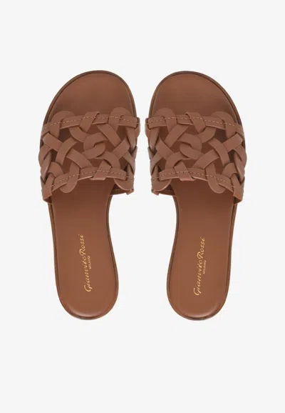 Gianvito Rossi Open Weave Leather Slide Sandals In Brown