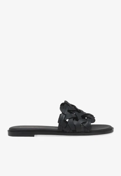 Gianvito Rossi Open Weave Leather Slide Sandals In Black