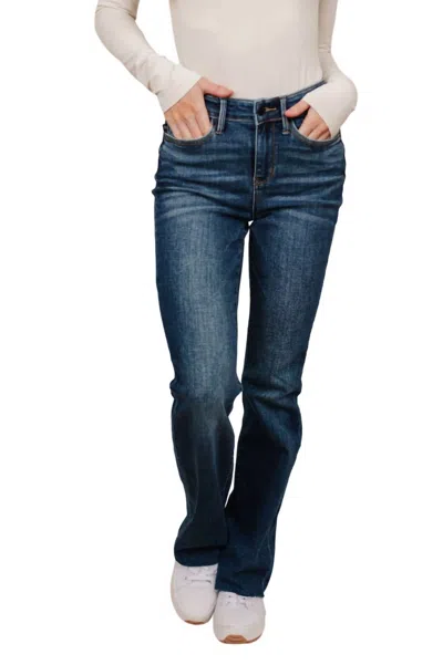 JUDY BLUE MID RISE RAW HEM BOOTCUT JEANS IN DARK WASH 