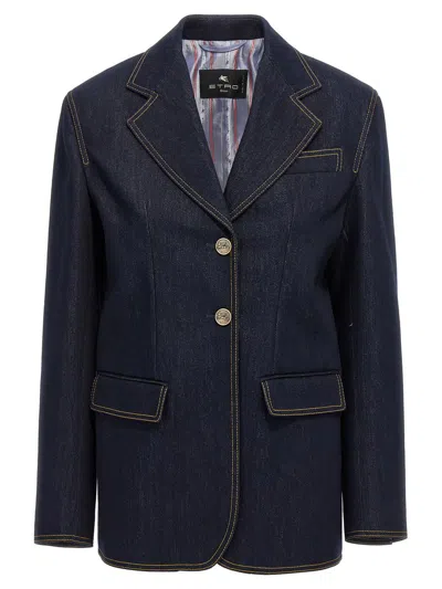 Etro Denim Blazer With Contrast Stitching And Front Pockets In Blue