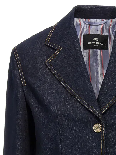 Etro Denim Blazer With Contrast Stitching And Front Pockets In Blue