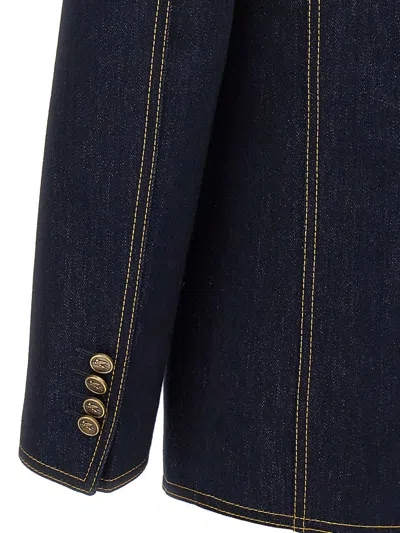 Etro Denim Blazer With Contrast Stitching And Front Pockets In Blue