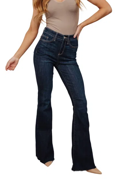 Judy Blue High Rise Raw Hem Flare Jeans In Dark Wash In Blue