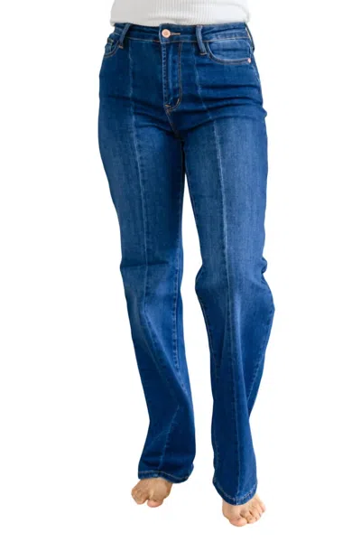 Judy Blue Front Seam Wide Leg Trouser Jeans In Dark Wash In Blue