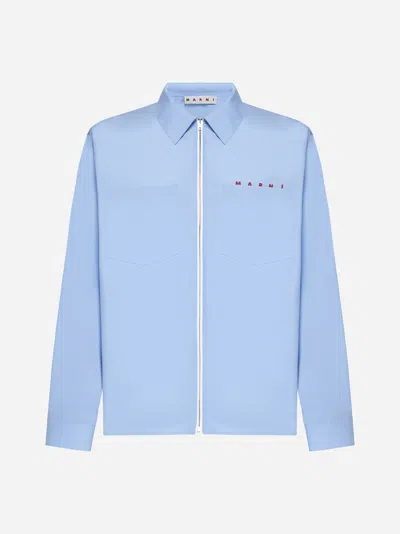 Shop Marni Zip-up Cotton Shirt In Iris Blue