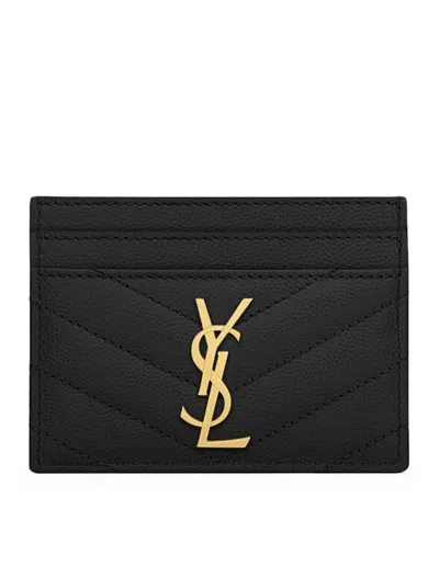 Saint Laurent Cassandre Matelassé Card Case In Grain De Poudre Leather In Black