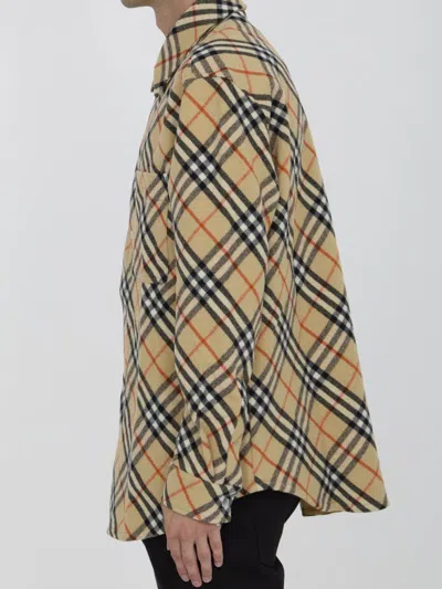 Burberry Checked Wool Shirt With Front Pocket In Neutral