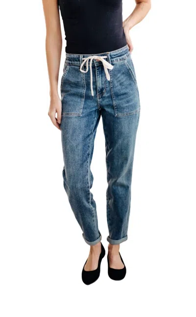 Judy Blue Pull On Denim Joggers In Medium Wash In Multi