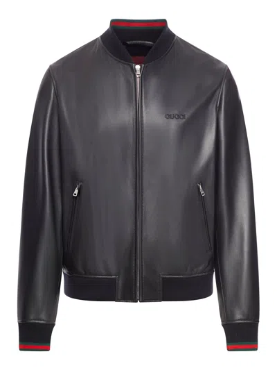 Gucci Black Bomber Jacket With Front Logo In Nappa Leather And Mesh Man In Black