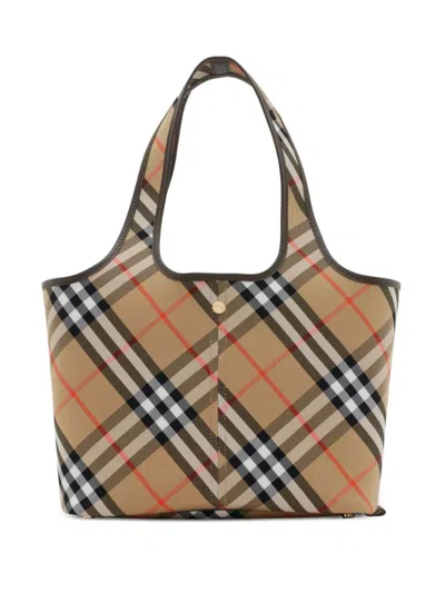 Shop Burberry Small Check Tote Bags In Beige