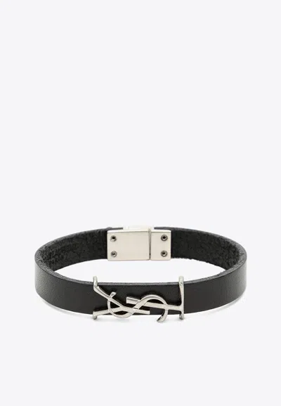 Saint Laurent Cassandre Leather Bracelet In Black