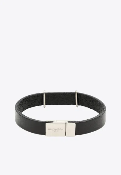 Saint Laurent Cassandre Leather Bracelet In Black