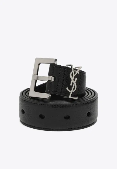 Saint Laurent Cassandre Grained Leather Belt In Black