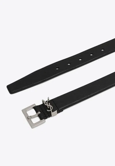Saint Laurent Cassandre Grained Leather Belt In Black