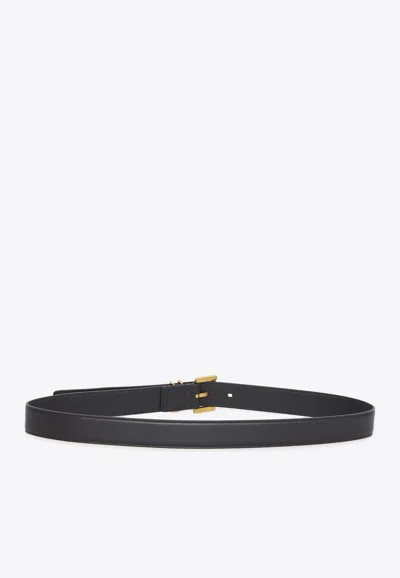 Saint Laurent Cassandre Extra Thin Crocodile-effect Leather Belt In Black