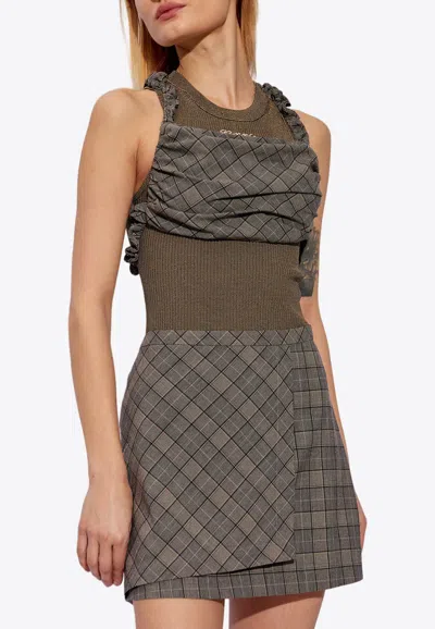 Shop Ganni Checkered Mix Ruched Crop Top In Gray