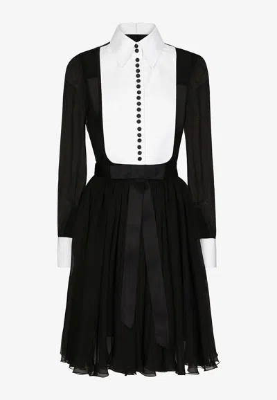 Dolce & Gabbana Bib-collar Silk-blend Shirtdress In Black