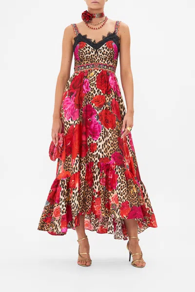 Camilla Leopard-print Floral Silk Midi Dress In Black/pink/red