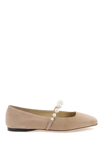 Shop Jimmy Choo Suede Leather Ballerina Flats With Pearl In Neutro