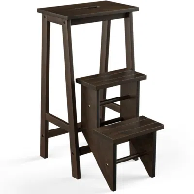Hivvago 3-in-1 Rubber Wood 3 Tier Folding Step Stool Ladder Storage Shelf-brown