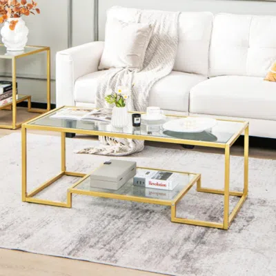 Hivvago Modern 2-tier Rectangular Coffee Table With Glass Table Top-golden