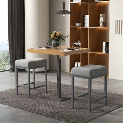 Hivvago 24.5 Inches Linen Fabric Saddle Stools Set Of 2 With Cushioned Seat-gray