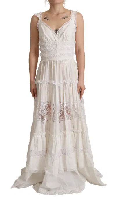 Dolce & Gabbana White Cotton Tiered Long Maxi A-line Dress In White