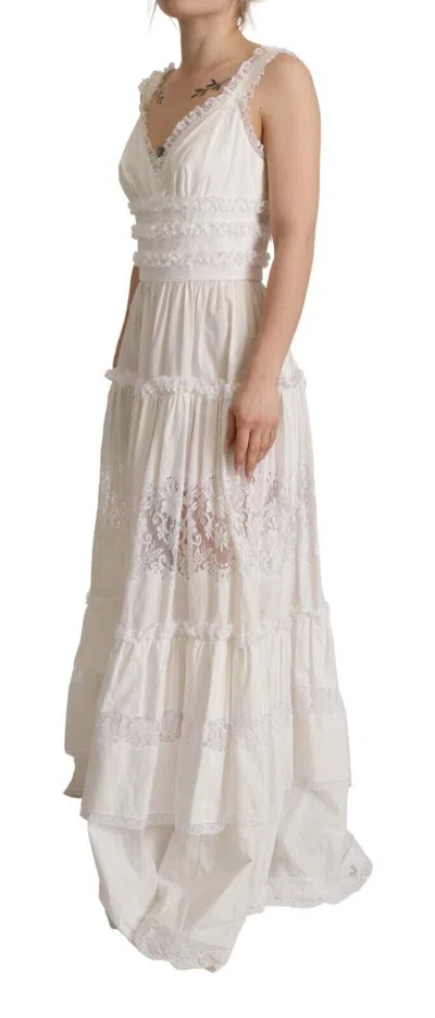 Dolce & Gabbana White Cotton Tiered Long Maxi A-line Dress In White