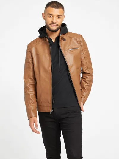 Guess Factory Davino Faux-leather Hooded Moto Jacket In Multi