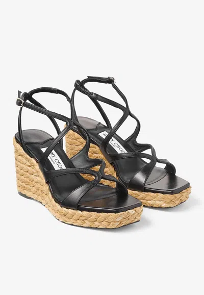 Jimmy Choo Ayla 85 Nappa Leather And Raffia Wedge Sandals In Black