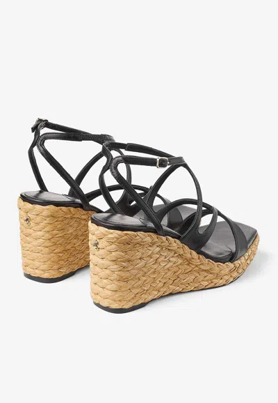 Jimmy Choo Ayla 85 Nappa Leather And Raffia Wedge Sandals In Black