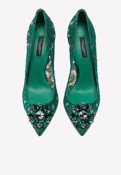 Dolce & Gabbana Lace Stiletto Heel Pumps Crystal Embellishments In Green